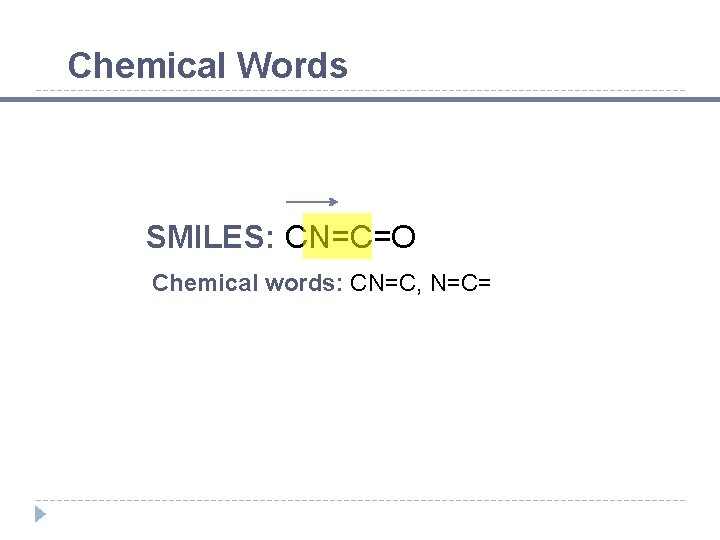 Chemical Words SMILES: CN=C=O Chemical words: CN=C, N=C= 