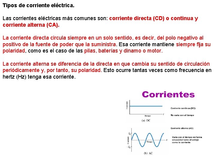 Tipos de corriente eléctrica. Las corrientes eléctricas más comunes son: corriente directa (CD) o