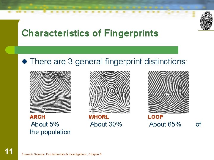 Characteristics of Fingerprints l There are 3 general fingerprint distinctions: 11 ARCH WHORL LOOP