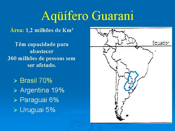 Aqüífero Guarani Área: 1, 2 milhões de Km² Têm capacidade para abastecer 360 milhões