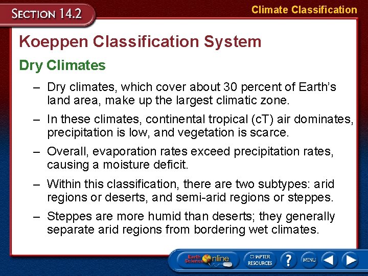 Climate Classification Koeppen Classification System Dry Climates – Dry climates, which cover about 30