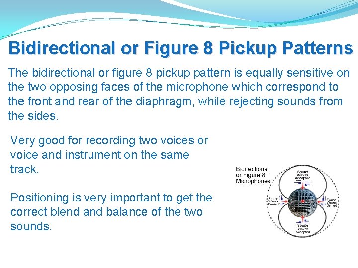 Bidirectional or Figure 8 Pickup Patterns The bidirectional or figure 8 pickup pattern is