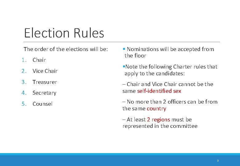 Election Rules The order of the elections will be: 1. Chair 2. Vice Chair