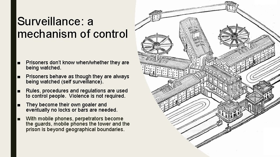 Surveillance: a mechanism of control ■ Prisoners don’t know when/whether they are being watched.