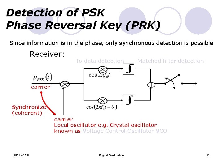 Detection of PSK Phase Reversal Key (PRK) Since information is in the phase, only