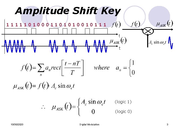 Amplitude Shift Key 11111010001101010010111 t t (logic 1) (logic 0) 10/30/2020 Digital Modulation 3 Amplitude Shift Key 11111010001101010010111 t t (logic 1) (logic 0) 10/30/2020 Digital Modulation 3
