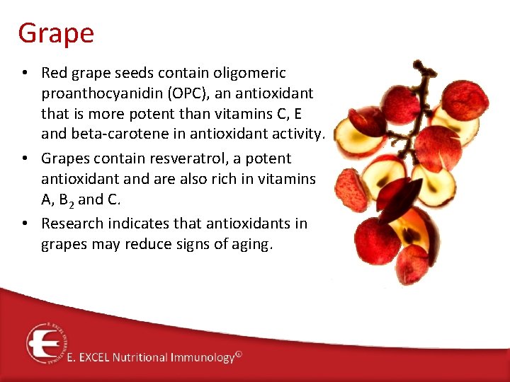 Grape • Red grape seeds contain oligomeric proanthocyanidin (OPC), an antioxidant that is more