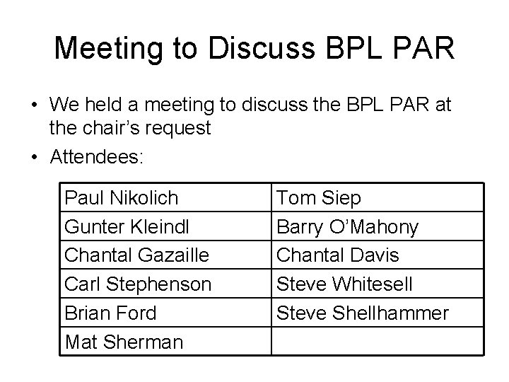 Meeting to Discuss BPL PAR • We held a meeting to discuss the BPL