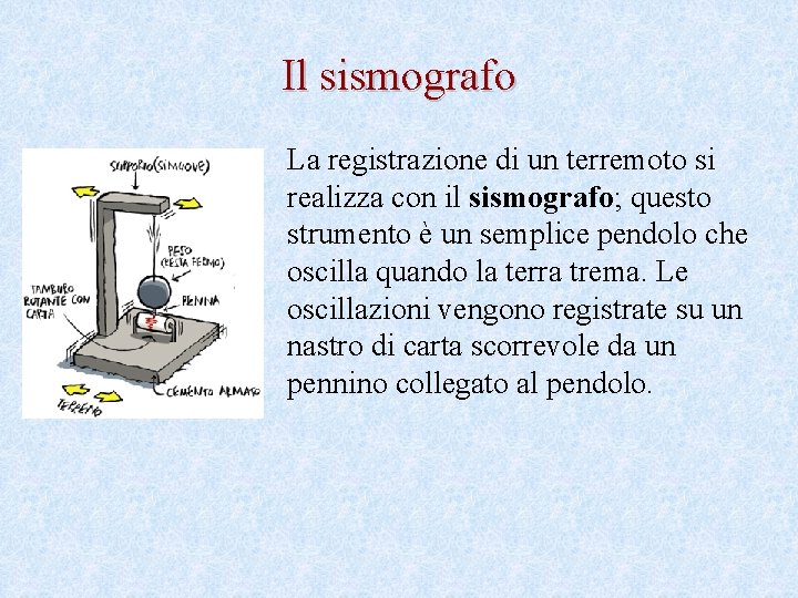 Il sismografo La registrazione di un terremoto si realizza con il sismografo; questo strumento