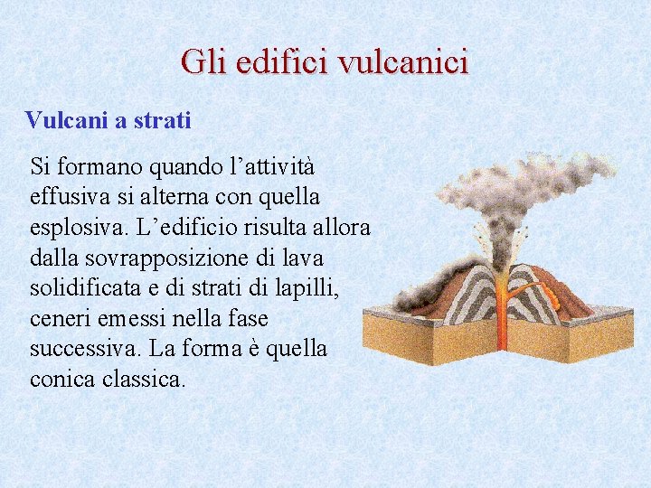 Gli edifici vulcanici Vulcani a strati Si formano quando l’attività effusiva si alterna con