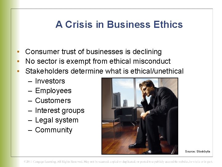 A Crisis in Business Ethics • Consumer trust of businesses is declining • No