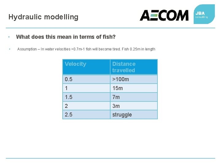 Hydraulic modelling • • What does this mean in terms of fish? Assumption –