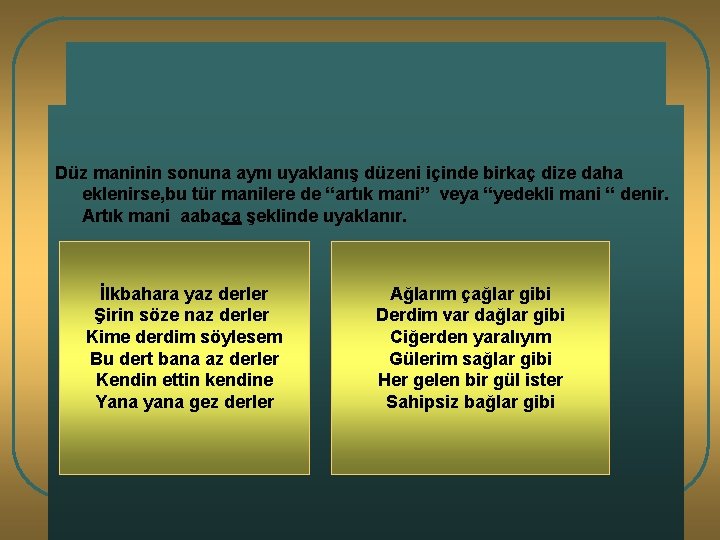 ANONİM HALK EDEBİYATI Düz maninin sonuna aynı uyaklanış düzeni içinde birkaç dize daha eklenirse,