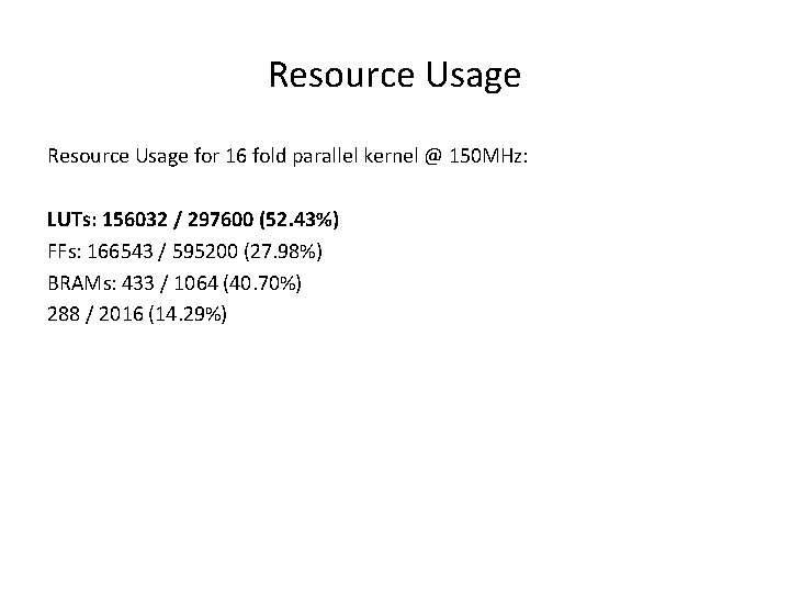 Resource Usage for 16 fold parallel kernel @ 150 MHz: LUTs: 156032 / 297600