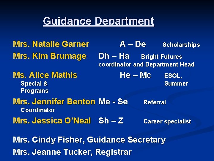 Guidance Department Mrs. Natalie Garner A – De Scholarships Mrs. Kim Brumage Dh –