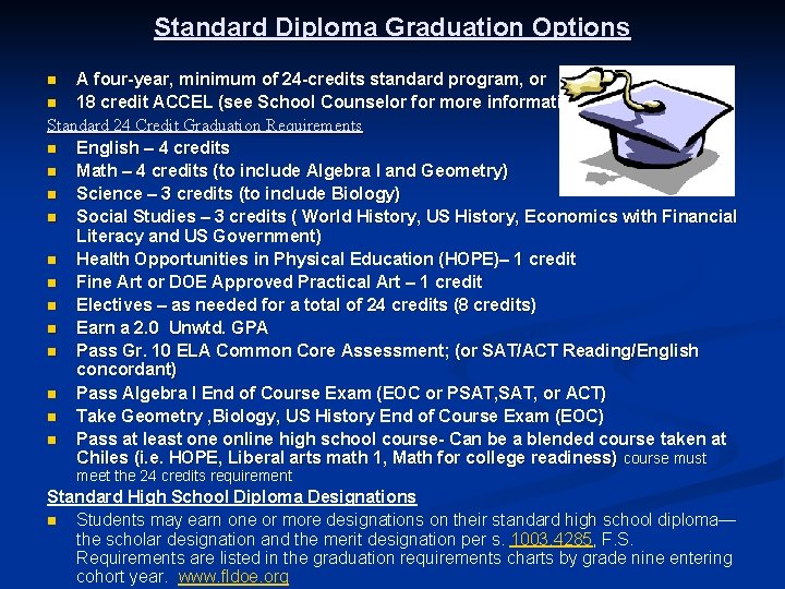 Standard Diploma Graduation Options A four-year, minimum of 24 -credits standard program, or n