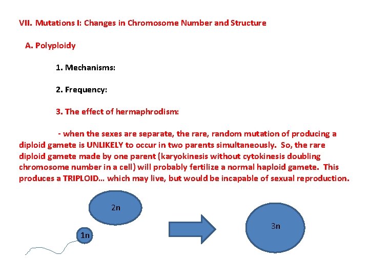 VII. Mutations I: Changes in Chromosome Number and Structure A. Polyploidy 1. Mechanisms: 2.