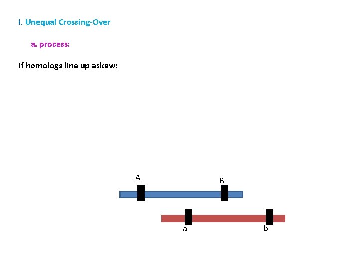 i. Unequal Crossing-Over a. process: If homologs line up askew: A B a b