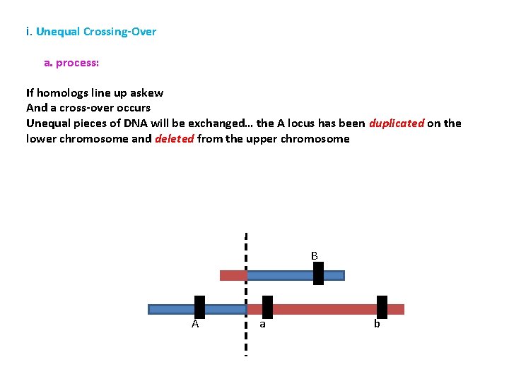 i. Unequal Crossing-Over a. process: If homologs line up askew And a cross-over occurs
