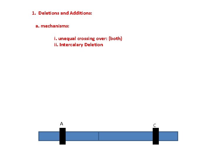 1. Deletions and Additions: a. mechanisms: i. unequal crossing over: (both) ii. Intercalary Deletion