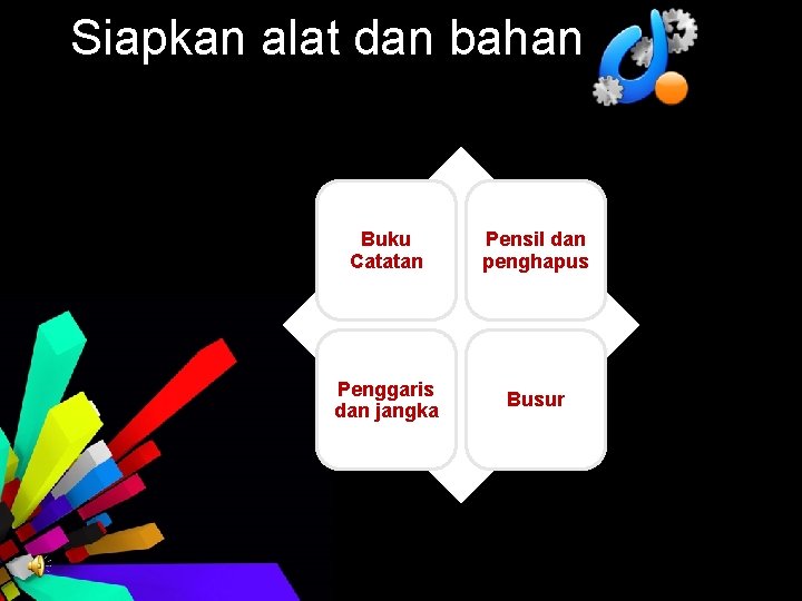 Siapkan alat dan bahan Buku Catatan Pensil dan penghapus Penggaris dan jangka Busur 