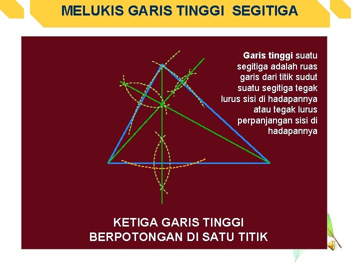 MELUKIS GARIS TINGGI SEGITIGA Garis tinggi suatu segitiga adalah ruas garis dari titik sudut MELUKIS GARIS TINGGI SEGITIGA Garis tinggi suatu segitiga adalah ruas garis dari titik sudut