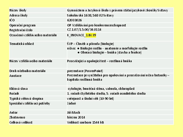 Název školy Adresa školy IČO Operační program Registrační číslo Označení vzdělávacího materiálu Gymnázium a