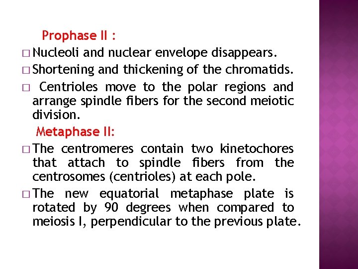 Prophase II : � Nucleoli and nuclear envelope disappears. � Shortening and thickening of