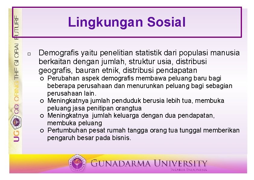 Lingkungan Sosial Demografis yaitu penelitian statistik dari populasi manusia berkaitan dengan jumlah, struktur usia,