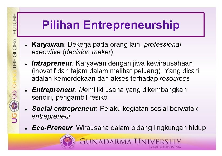 Pilihan Entrepreneurship Karyawan: Bekerja pada orang lain, professional executive (decision maker) Intrapreneur: Karyawan dengan