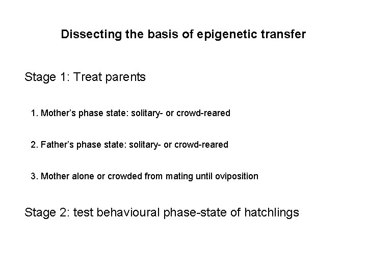 Dissecting the basis of epigenetic transfer Stage 1: Treat parents 1. Mother’s phase state: