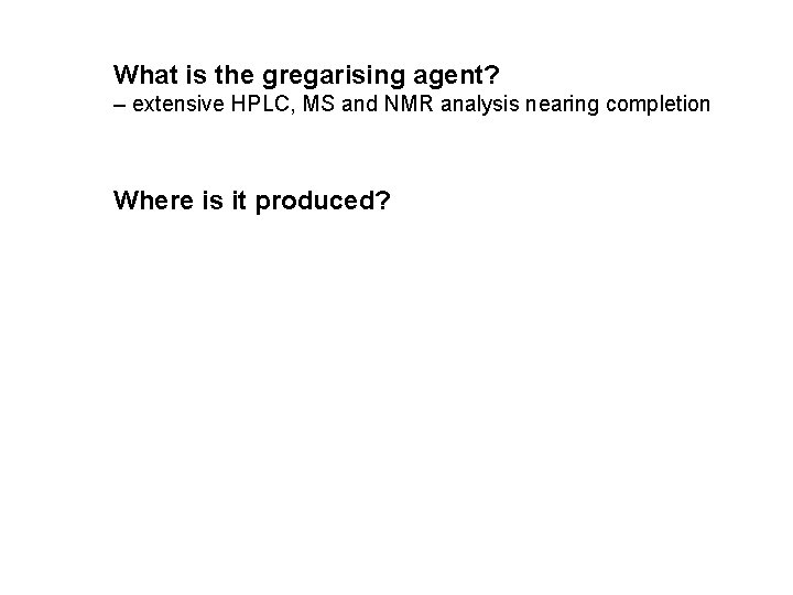 What is the gregarising agent? – extensive HPLC, MS and NMR analysis nearing completion What is the gregarising agent? – extensive HPLC, MS and NMR analysis nearing completion