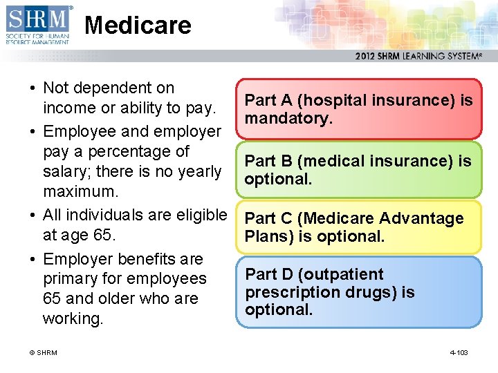 Medicare • Not dependent on income or ability to pay. • Employee and employer