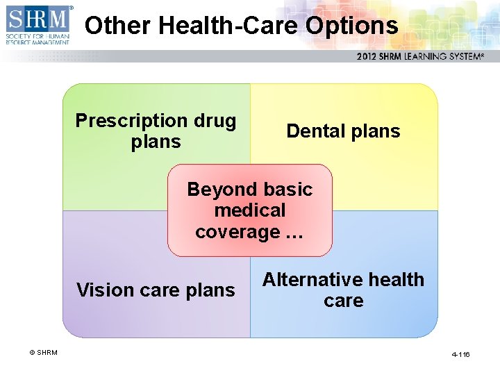 Other Health-Care Options Prescription drug plans Dental plans Beyond basic medical coverage … Vision