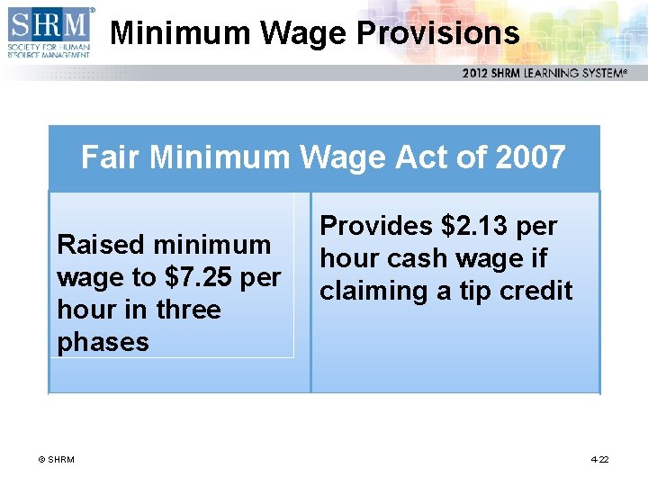 Minimum Wage Provisions Fair Minimum Wage Act of 2007 Raised minimum wage to $7.