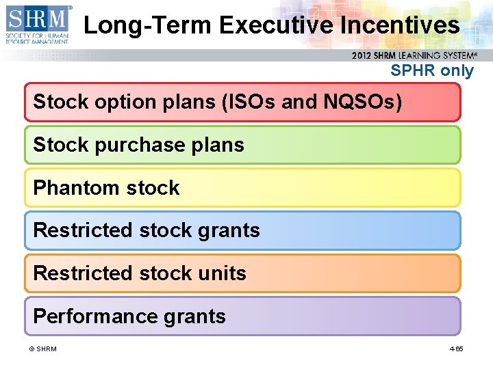 Long-Term Executive Incentives SPHR only Stock option plans (ISOs and NQSOs) Stock purchase plans