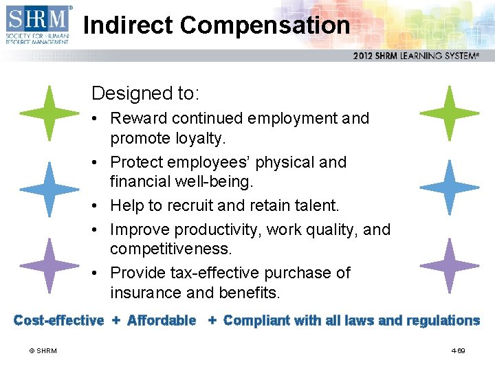 Indirect Compensation Designed to: • Reward continued employment and promote loyalty. • Protect employees’