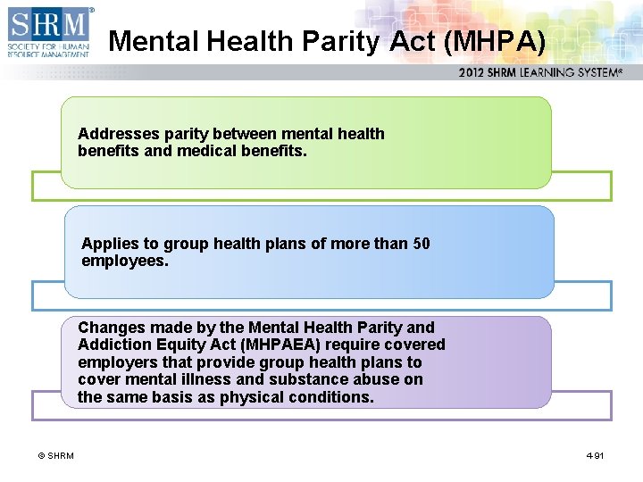 Mental Health Parity Act (MHPA) Addresses parity between mental health benefits and medical benefits.