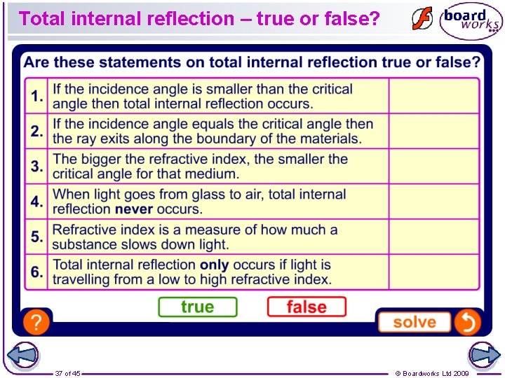 Total internal reflection – true or false? 37 of 45 © Boardworks Ltd 2009