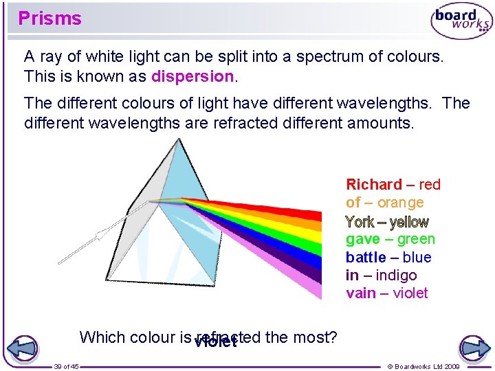 Prisms A ray of white light can be split into a spectrum of colours.