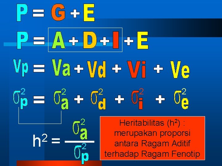 2 2 2 h = 2 2 2 Heritabilitas (h 2) : merupakan proporsi