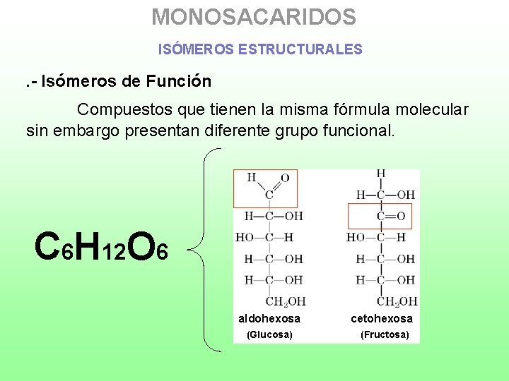 MONOSACARIDOS ISÓMEROS ESTRUCTURALES . - Isómeros de Función Compuestos que tienen la misma fórmula