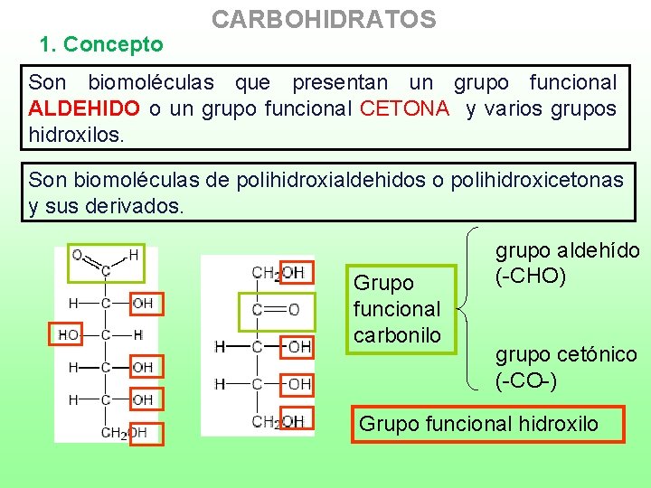 1. Concepto CARBOHIDRATOS Son biomoléculas que presentan un grupo funcional ALDEHIDO o un grupo