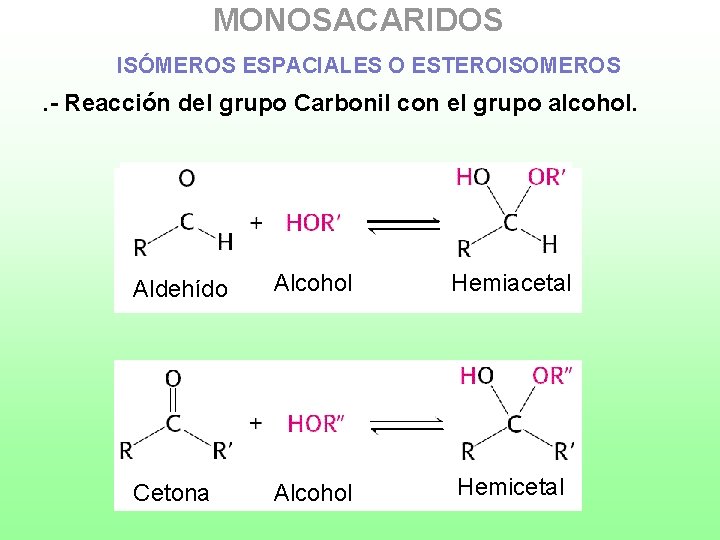 MONOSACARIDOS ISÓMEROS ESPACIALES O ESTEROISOMEROS . - Reacción del grupo Carbonil con el grupo