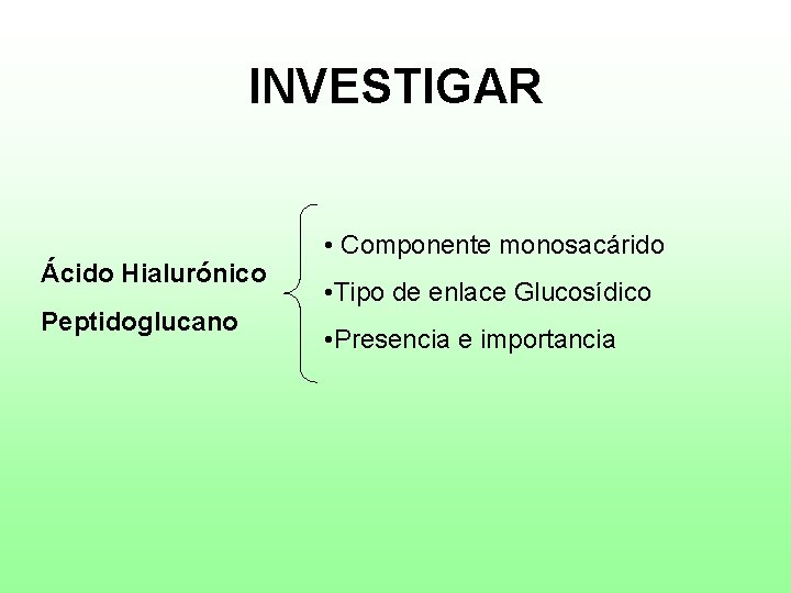 INVESTIGAR Ácido Hialurónico Peptidoglucano • Componente monosacárido • Tipo de enlace Glucosídico • Presencia
