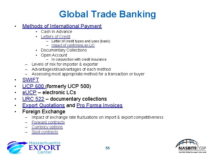 Global Trade Banking • Methods of International Payment • Cash in Advance • Letters