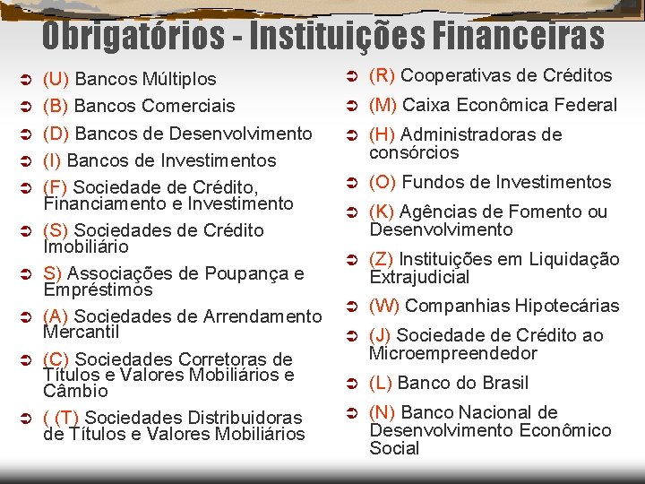 Obrigatórios - Instituições Financeiras (U) Bancos Múltiplos (B) Bancos Comerciais (D) Bancos de Desenvolvimento