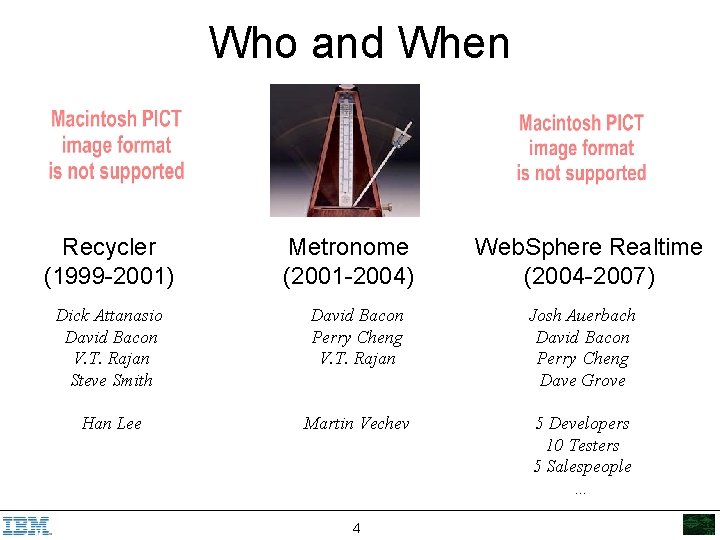 Who and When Recycler (1999 -2001) Metronome (2001 -2004) Web. Sphere Realtime (2004 -2007)