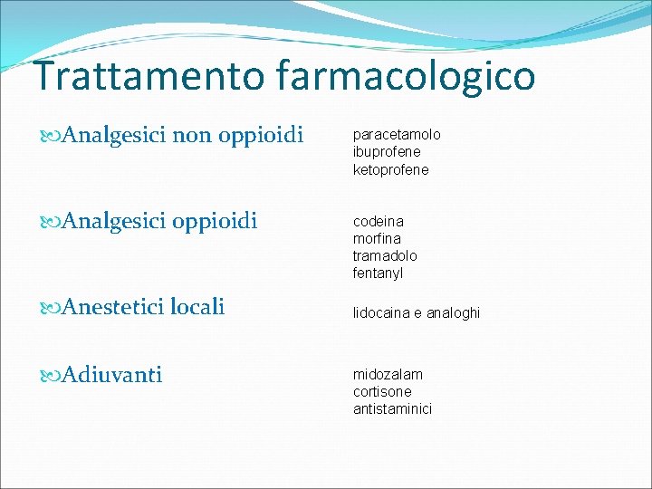 Trattamento farmacologico Analgesici non oppioidi paracetamolo ibuprofene ketoprofene Analgesici oppioidi codeina morfina tramadolo fentanyl