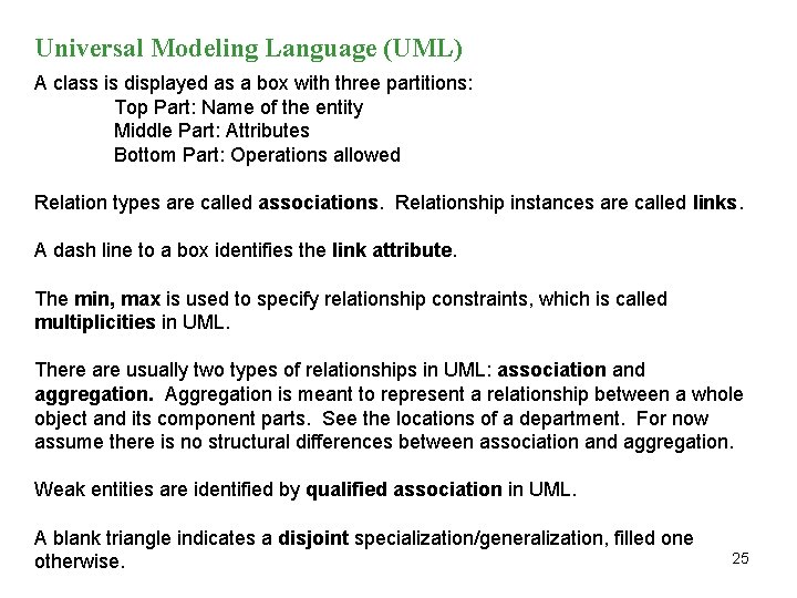 Universal Modeling Language (UML) A class is displayed as a box with three partitions: